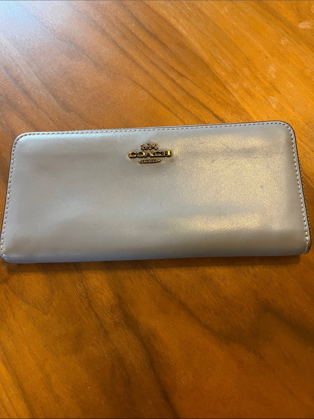 Coach Light Blue Zip-Around Leather Wallet with Bronze Logo